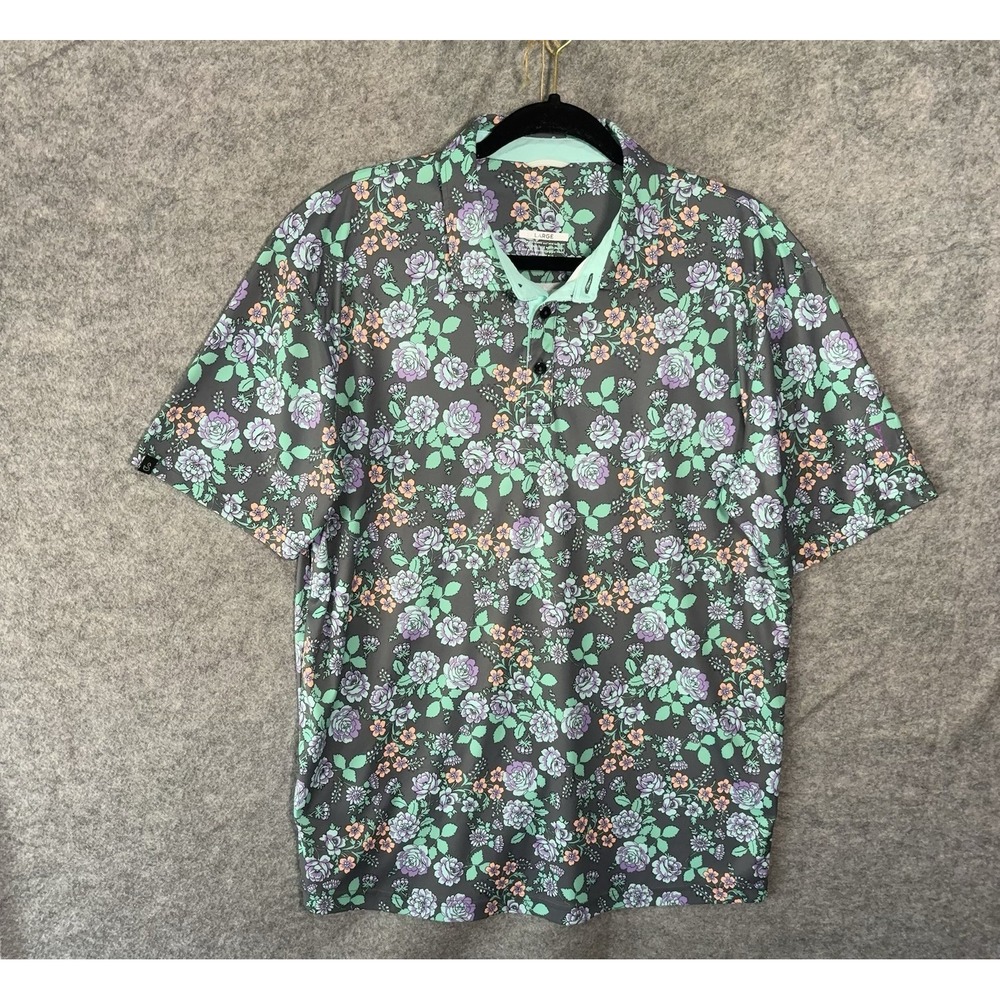 Swannies Golf Polo Shirt Mens Sz L Gray Green Floral LOGO Lightweight Athleisure